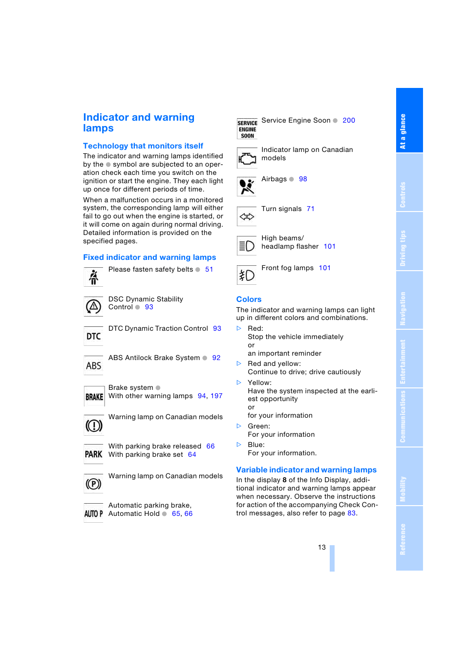 Indicator and warning lamps | BMW 745i Sedan 2005 User Manual | Page 15 / 239