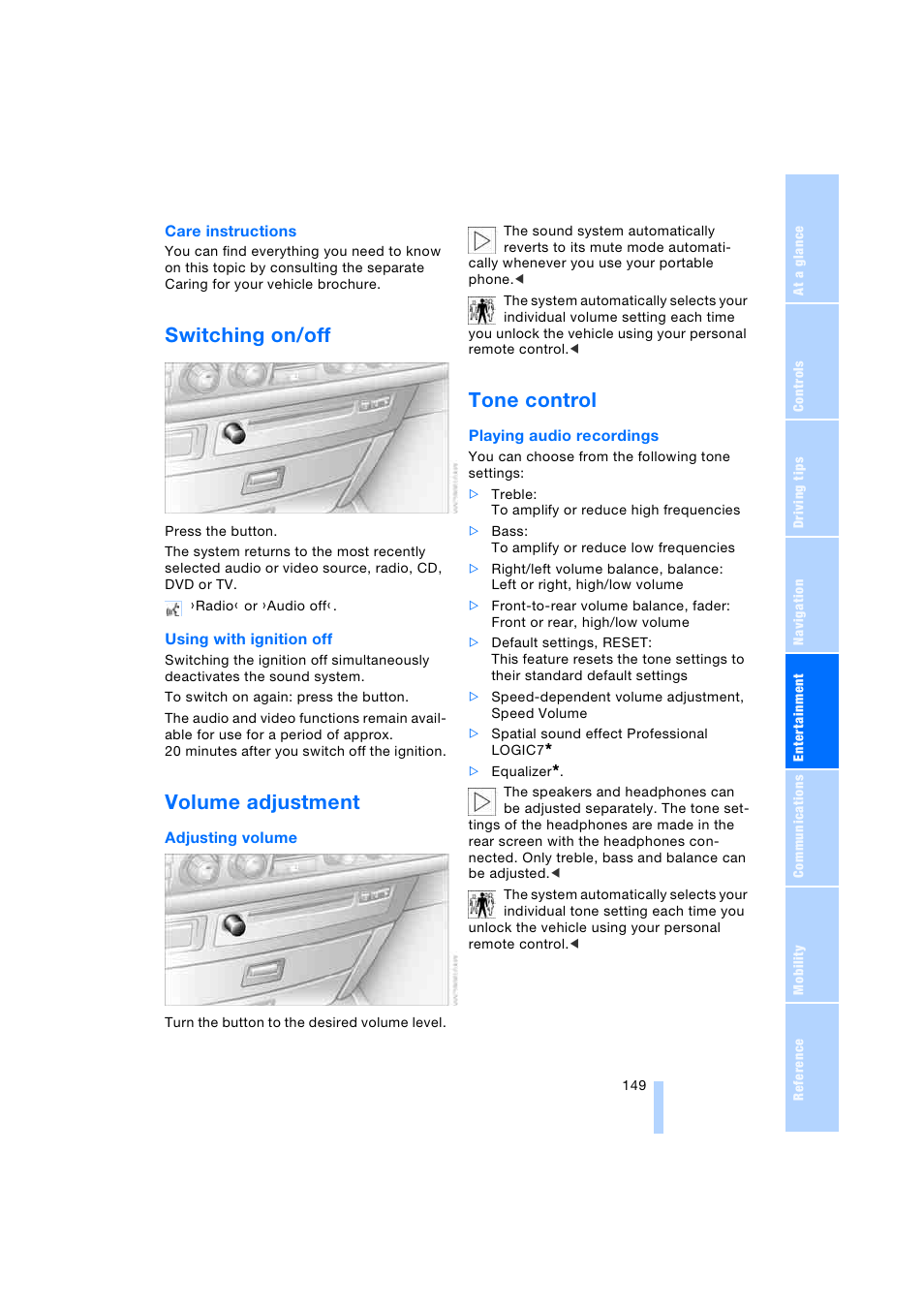 Switching on/off, Volume adjustment, Tone control | BMW 745i Sedan 2005 User Manual | Page 151 / 239