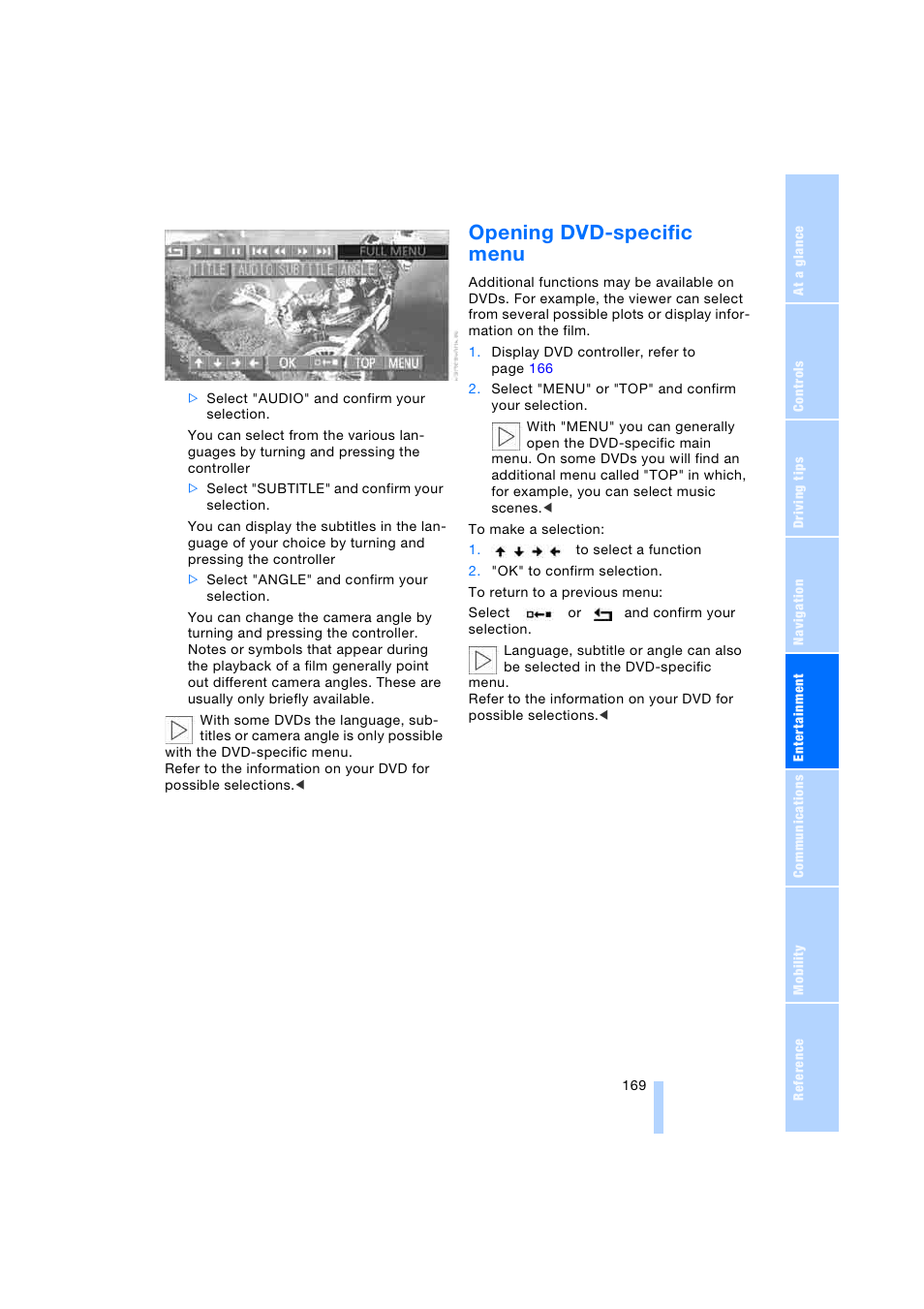 Opening dvd-specific menu | BMW 745i Sedan 2005 User Manual | Page 171 / 239