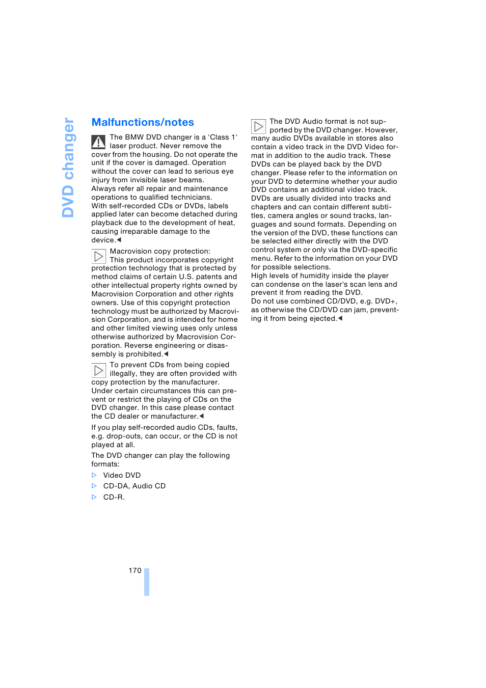 Malfunctions/notes, Dvd changer | BMW 745i Sedan 2005 User Manual | Page 172 / 239