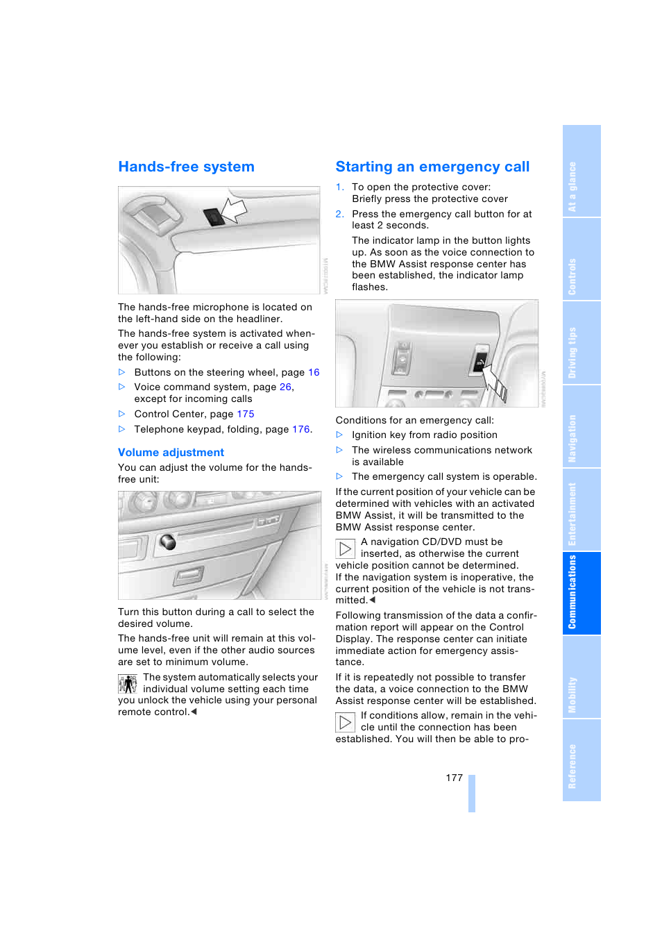 Hands-free system, Starting an emergency call | BMW 745i Sedan 2005 User Manual | Page 179 / 239