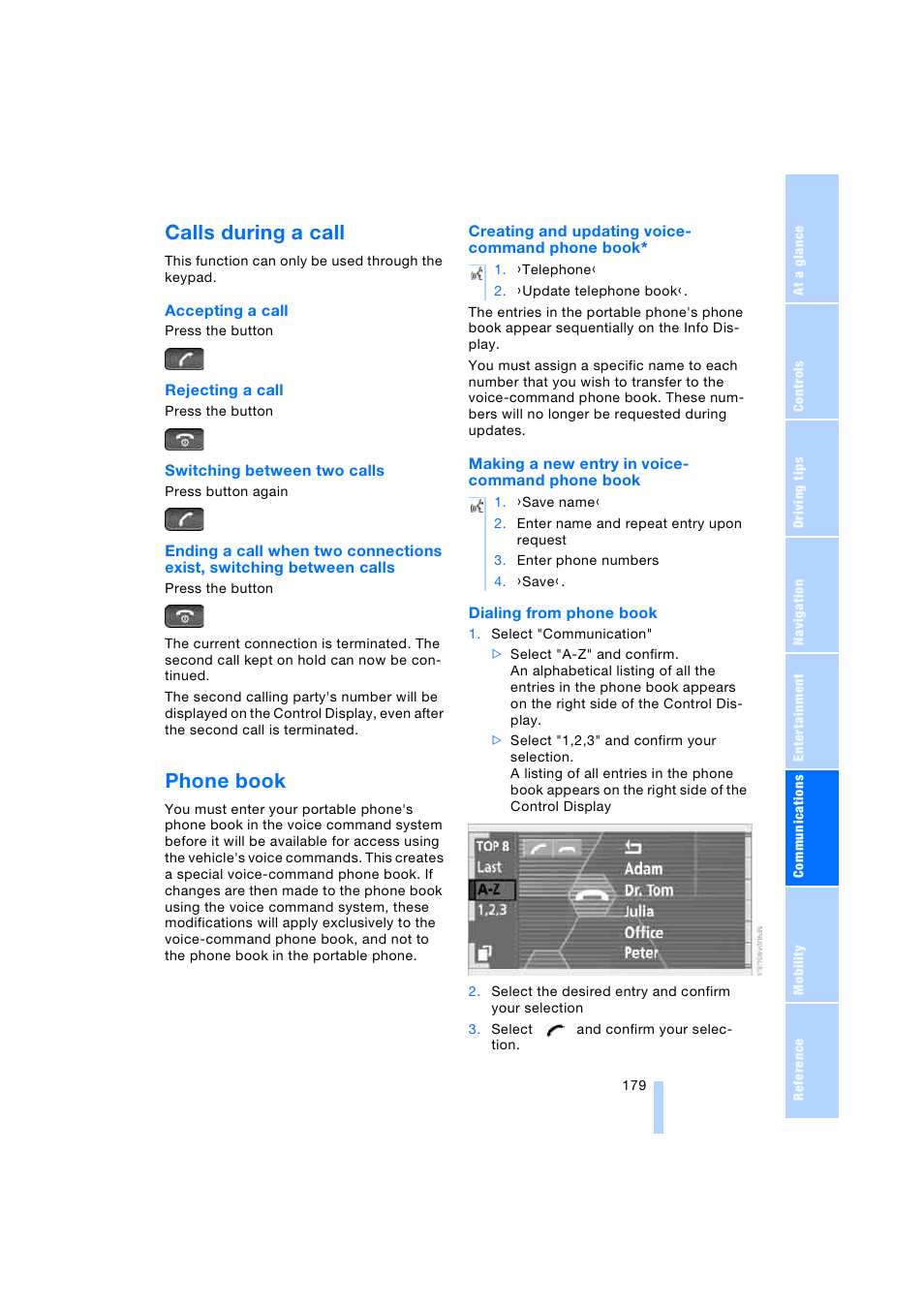 Calls during a call, Phone book | BMW 745i Sedan 2005 User Manual | Page 181 / 239