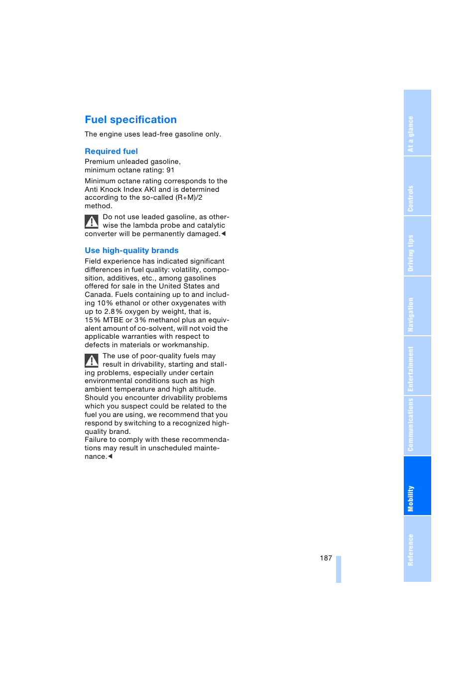 Fuel specification | BMW 745i Sedan 2005 User Manual | Page 189 / 239