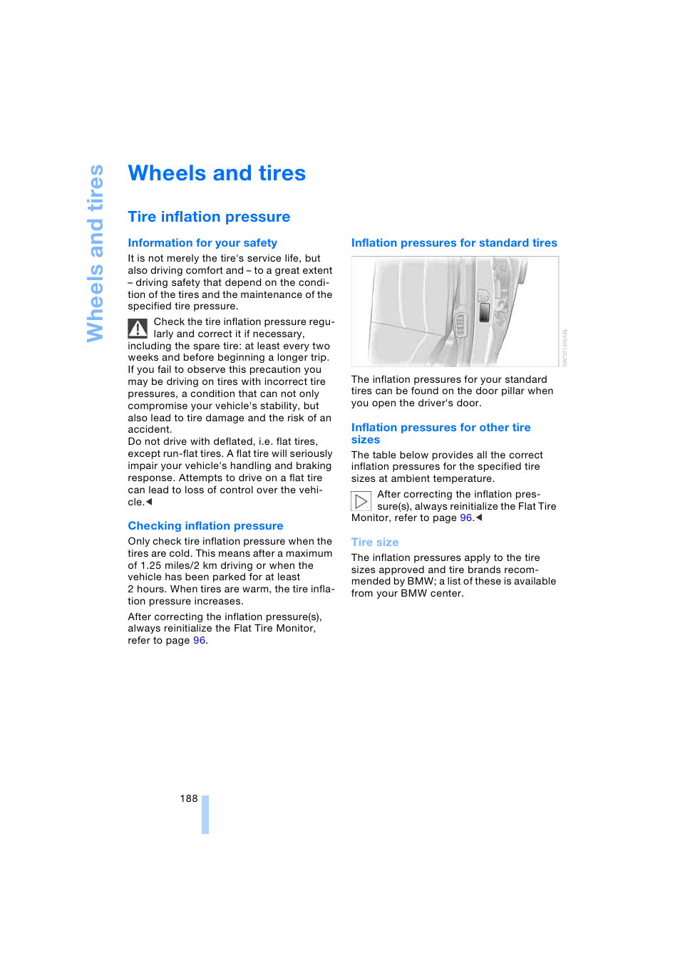 Wheels and tires, Tire inflation pressure, Whee ls and tires | BMW 745i Sedan 2005 User Manual | Page 190 / 239