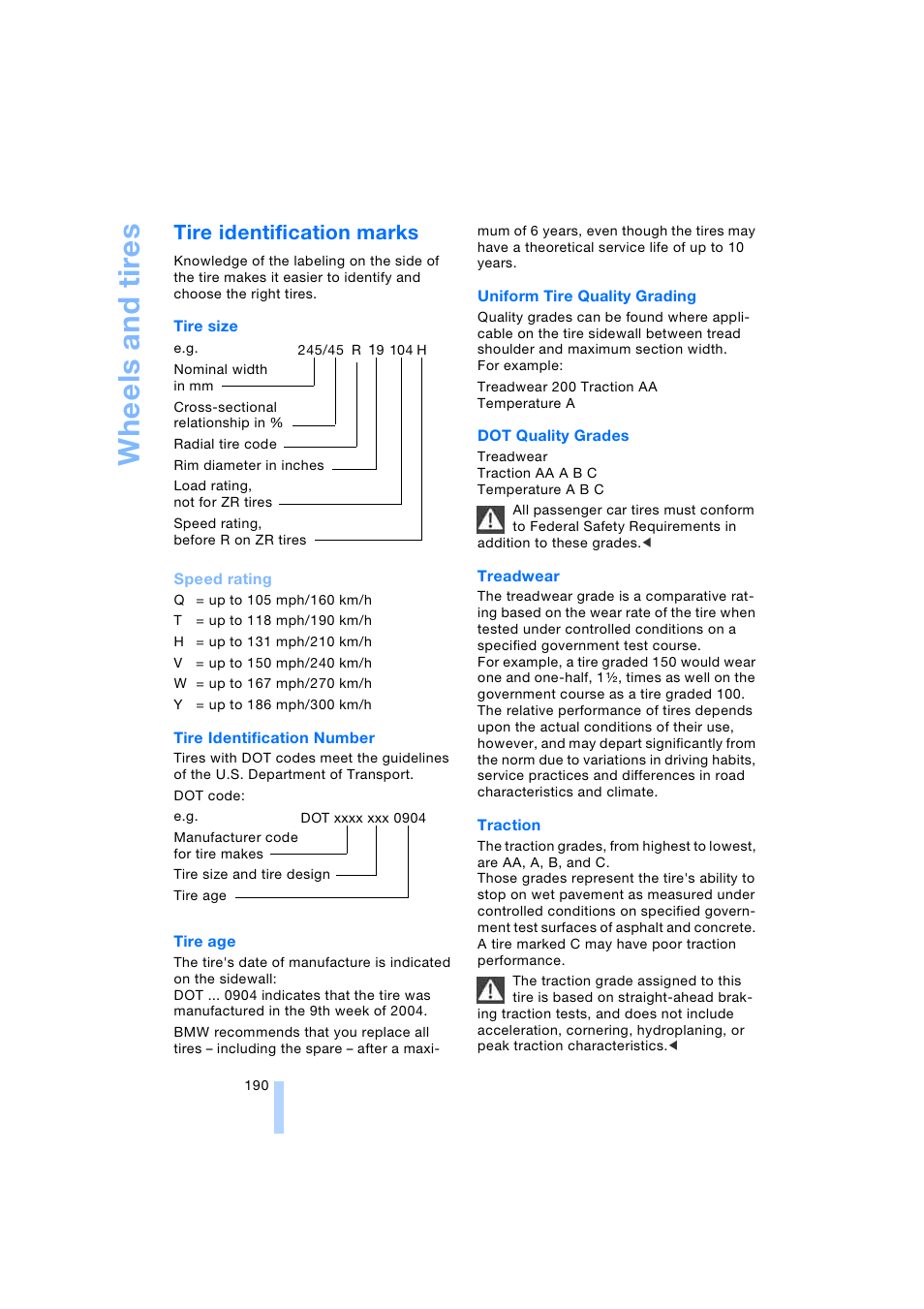 Tire identification marks, Whee ls and tires | BMW 745i Sedan 2005 User Manual | Page 192 / 239