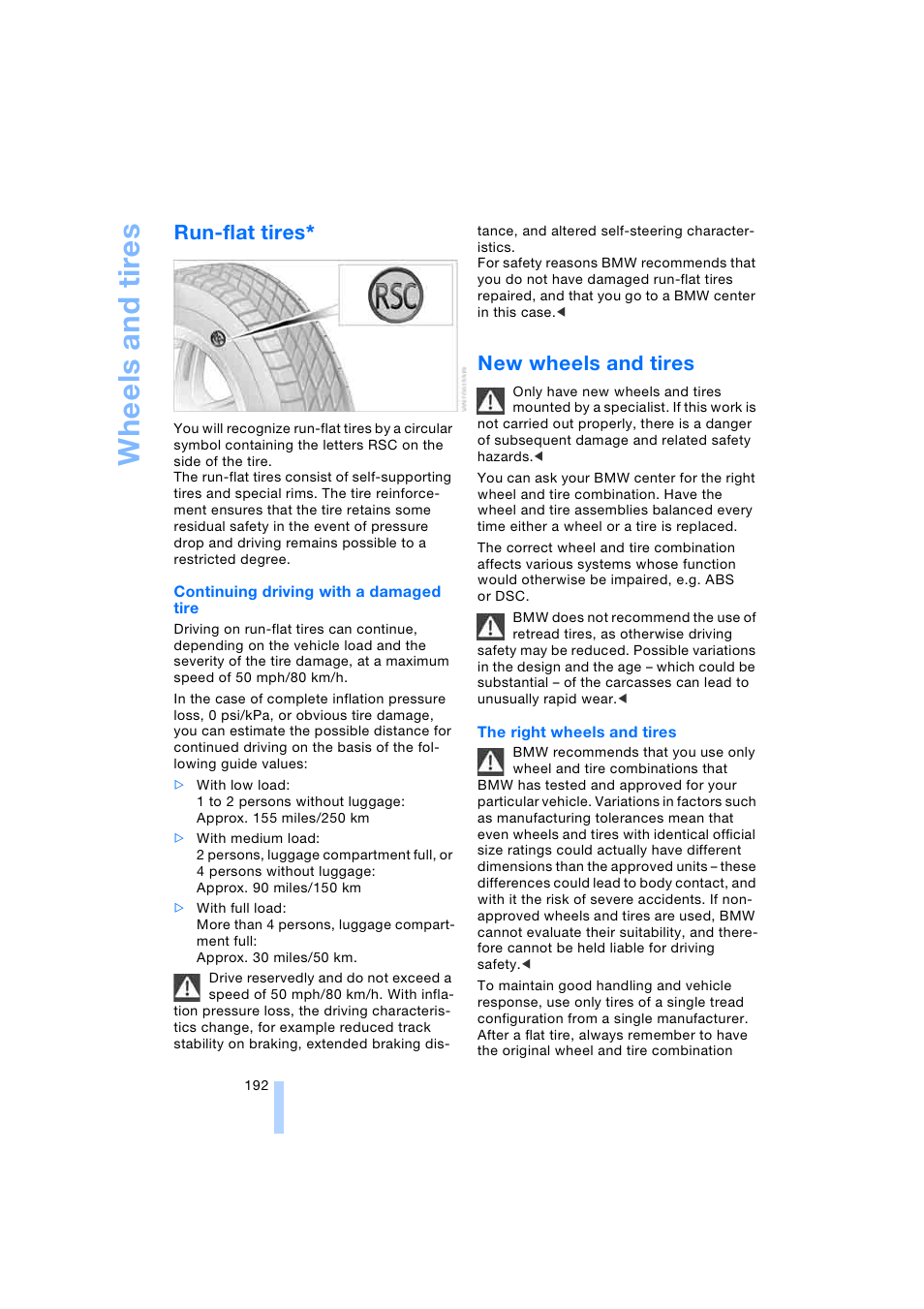 Run-flat tires, New wheels and tires, Whee ls and tires | BMW 745i Sedan 2005 User Manual | Page 194 / 239