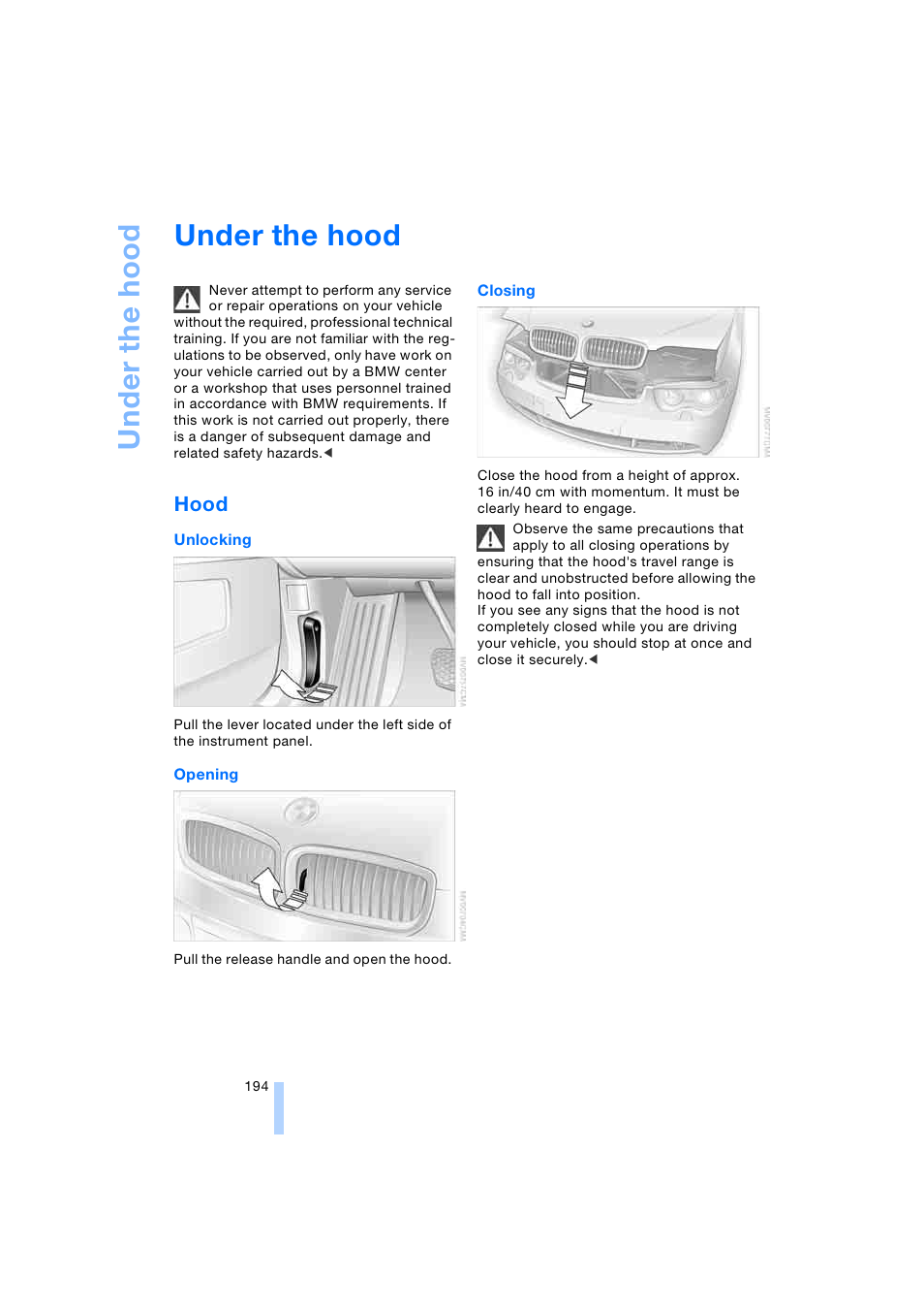 Under the hood, Hood | BMW 745i Sedan 2005 User Manual | Page 196 / 239