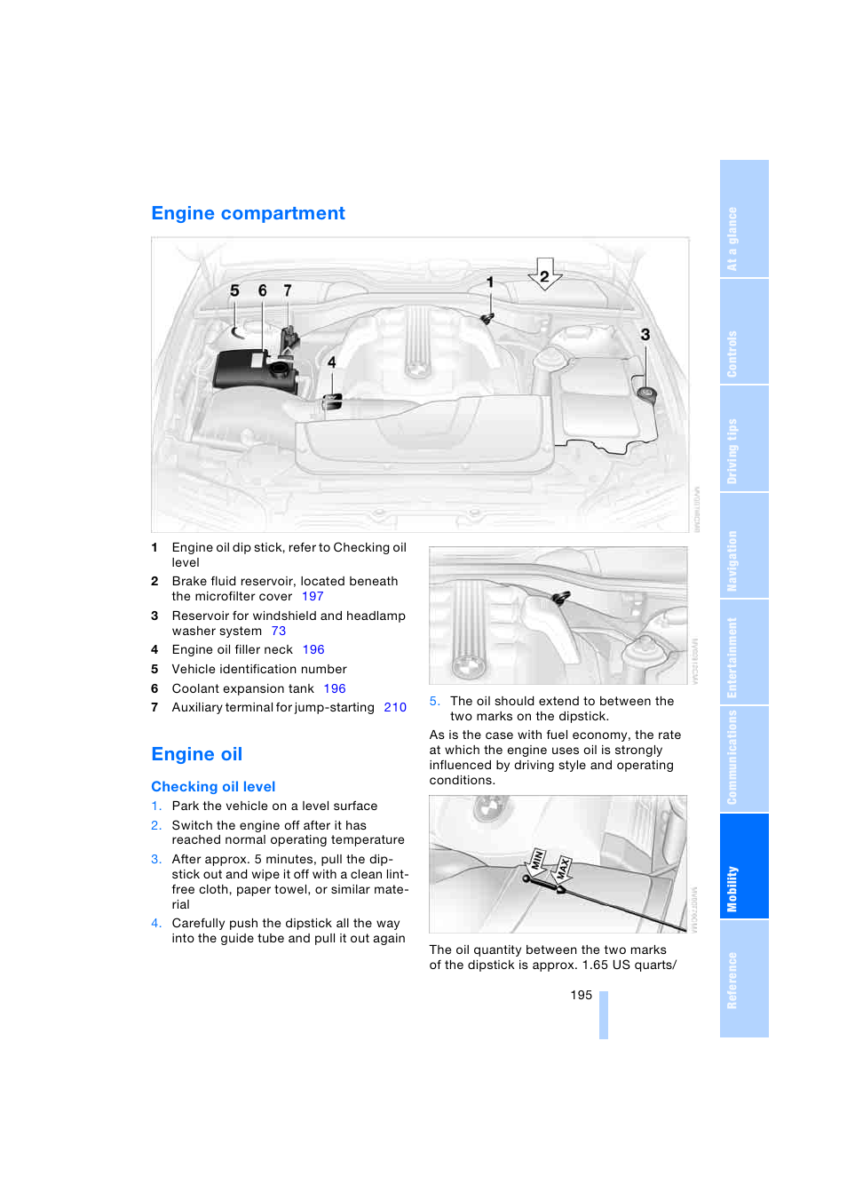 Engine compartment, Engine oil | BMW 745i Sedan 2005 User Manual | Page 197 / 239