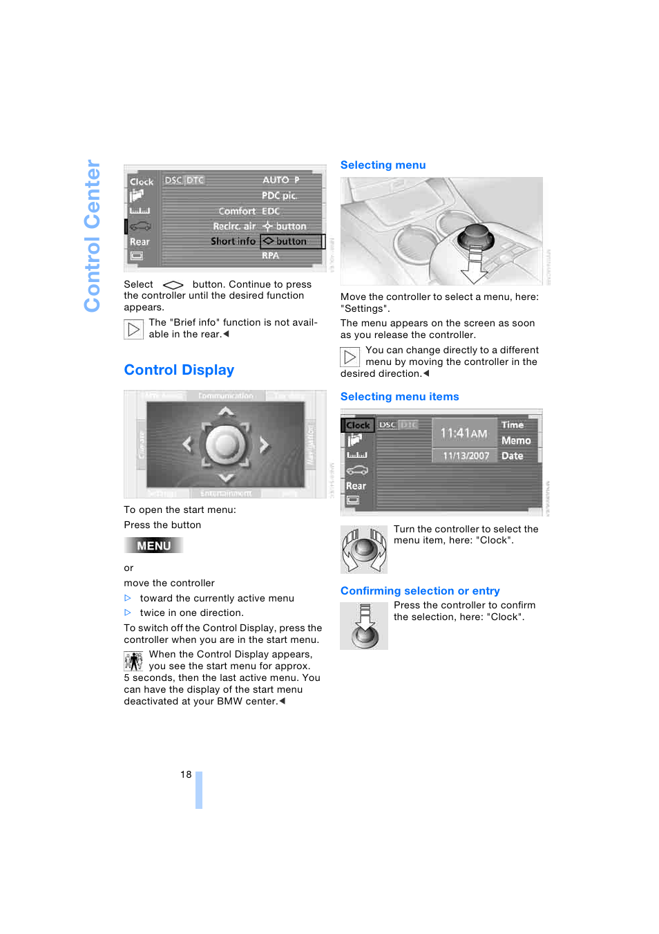 Control display, Control center | BMW 745i Sedan 2005 User Manual | Page 20 / 239