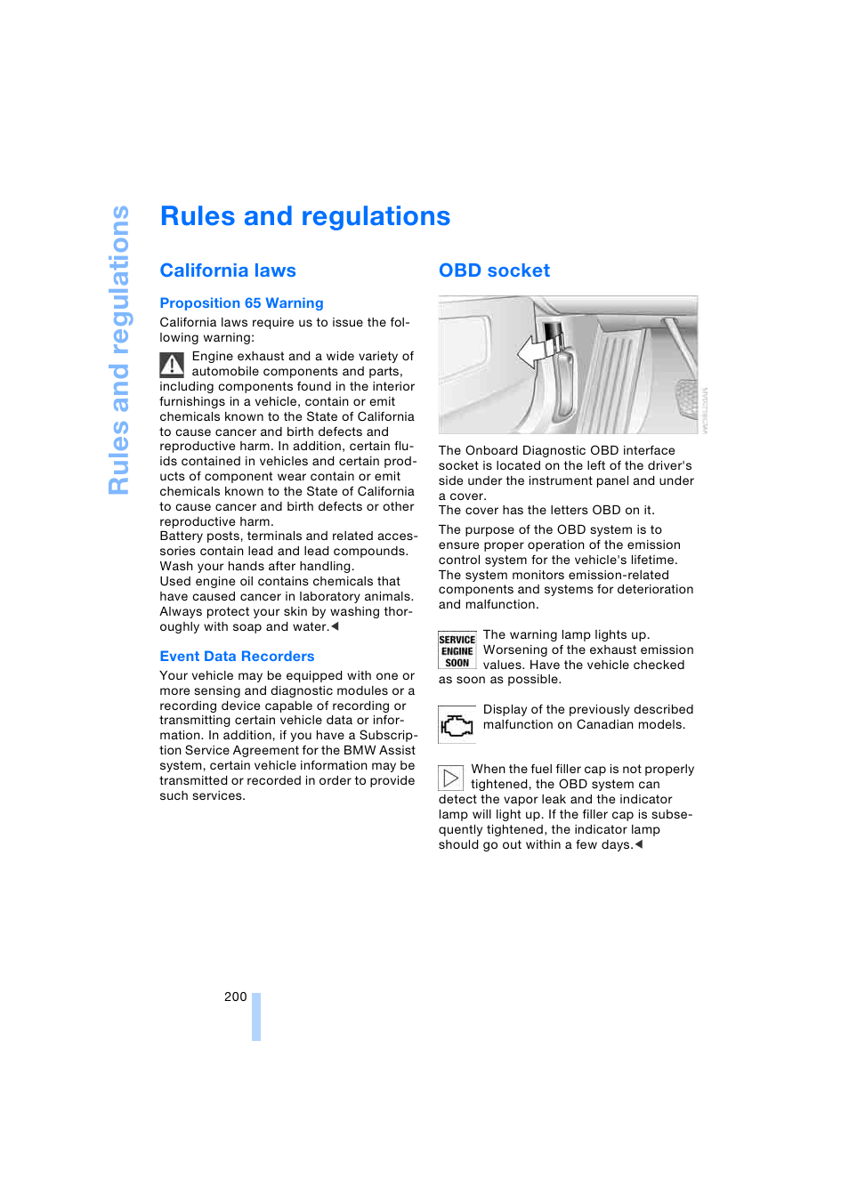 Rules and regulations, California laws, Obd socket | Rule s and r e gulations | BMW 745i Sedan 2005 User Manual | Page 202 / 239