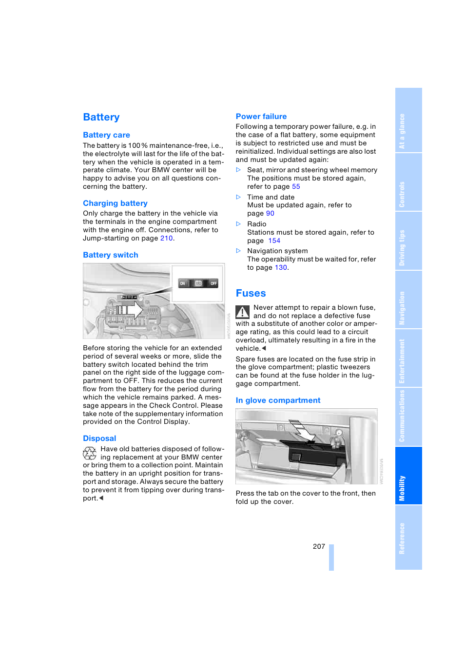 Battery, Fuses | BMW 745i Sedan 2005 User Manual | Page 209 / 239