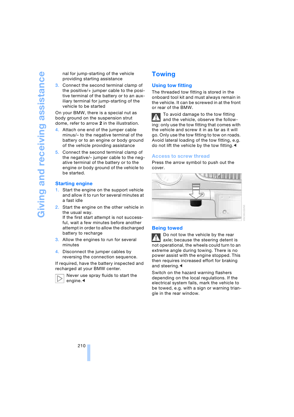 Towing, Giving and receiving assistance | BMW 745i Sedan 2005 User Manual | Page 212 / 239