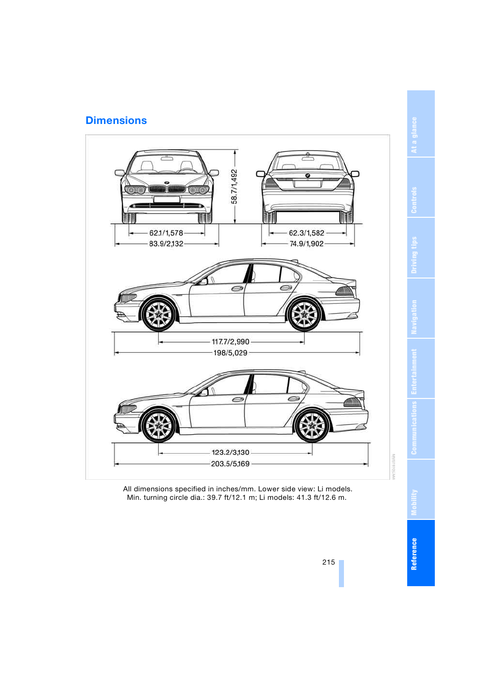 Dimensions | BMW 745i Sedan 2005 User Manual | Page 217 / 239