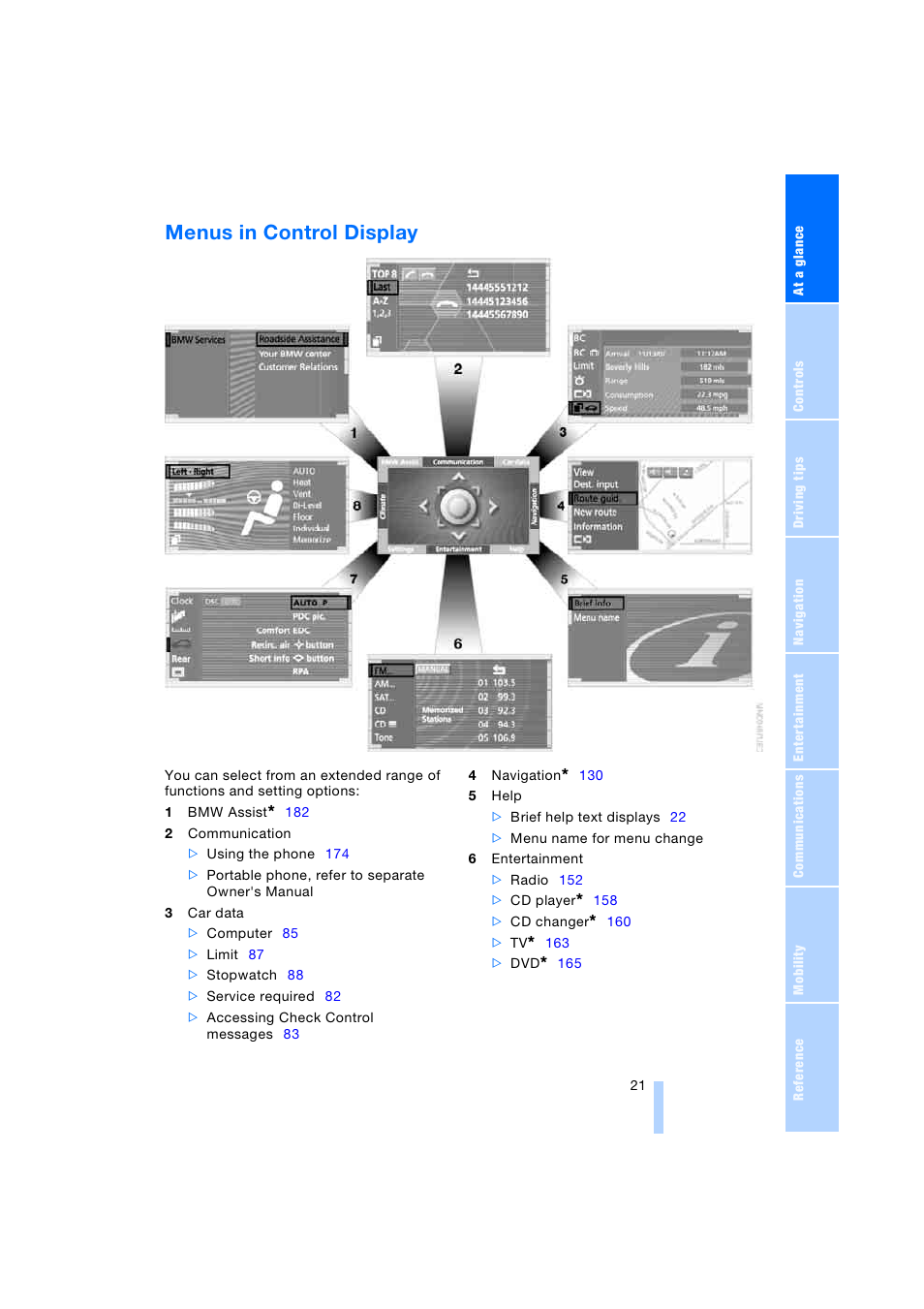 Menus in control display | BMW 745i Sedan 2005 User Manual | Page 23 / 239