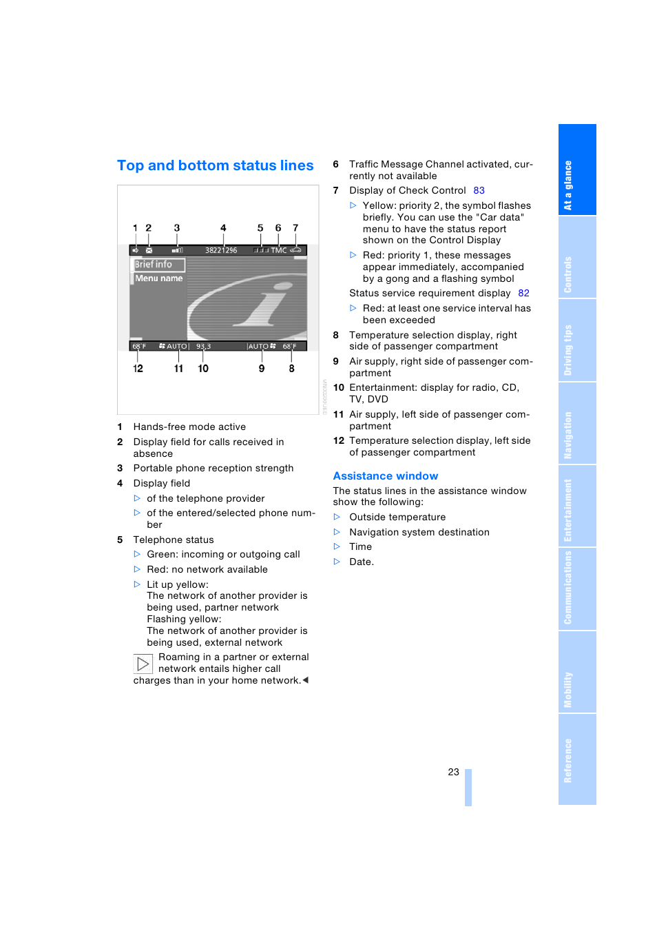 Top and bottom status lines | BMW 745i Sedan 2005 User Manual | Page 25 / 239