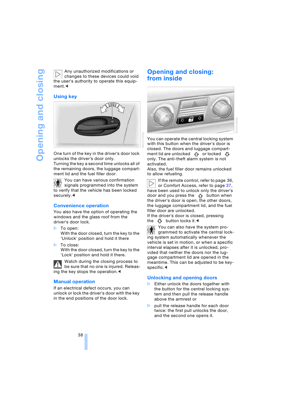 Opening and closing: from inside, Opening and closing | BMW 745i Sedan 2005 User Manual | Page 40 / 239