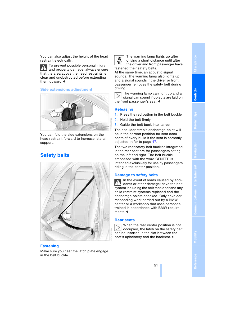 Safety belts | BMW 745i Sedan 2005 User Manual | Page 53 / 239