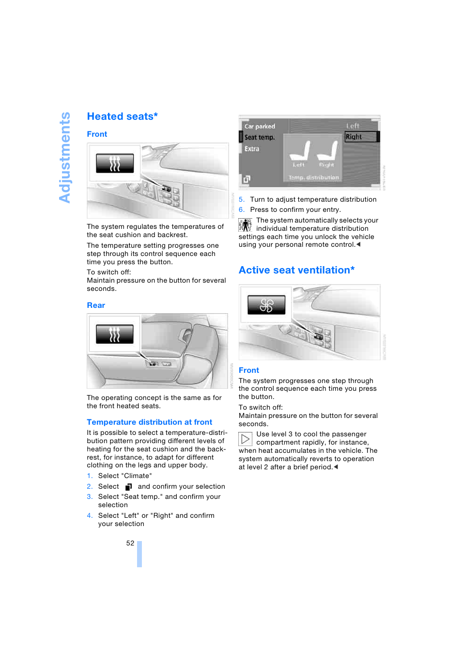 Heated seats, Active seat ventilation, Ad jus tmen ts | BMW 745i Sedan 2005 User Manual | Page 54 / 239