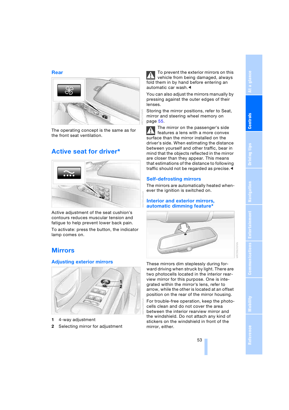 Active seat for driver, Mirrors, Rrors | BMW 745i Sedan 2005 User Manual | Page 55 / 239