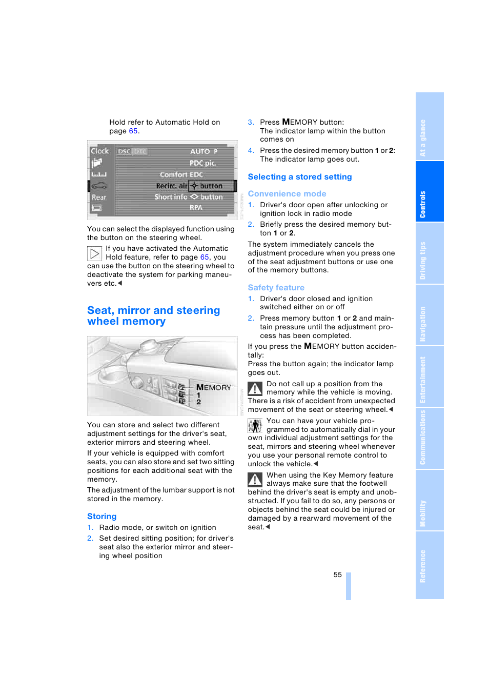 Seat, mirror and steering wheel memory | BMW 745i Sedan 2005 User Manual | Page 57 / 239