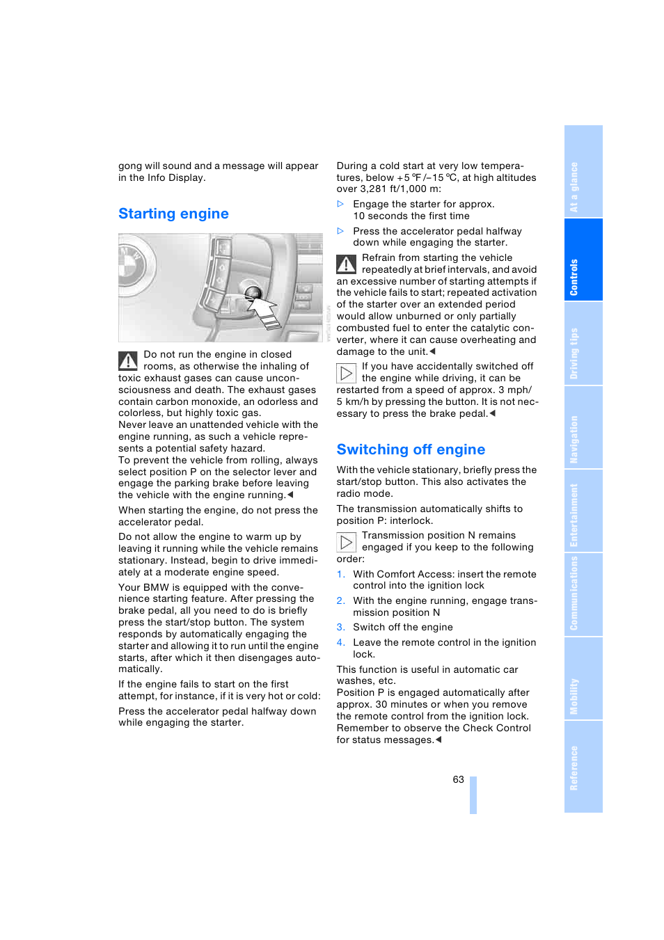 Starting engine, Switching off engine | BMW 745i Sedan 2005 User Manual | Page 65 / 239