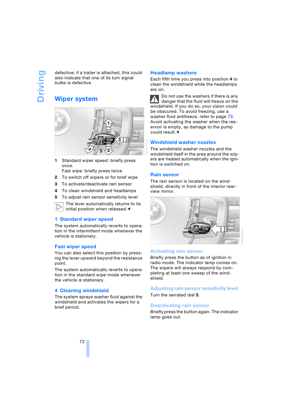 Wiper system, Driving | BMW 745i Sedan 2005 User Manual | Page 74 / 239