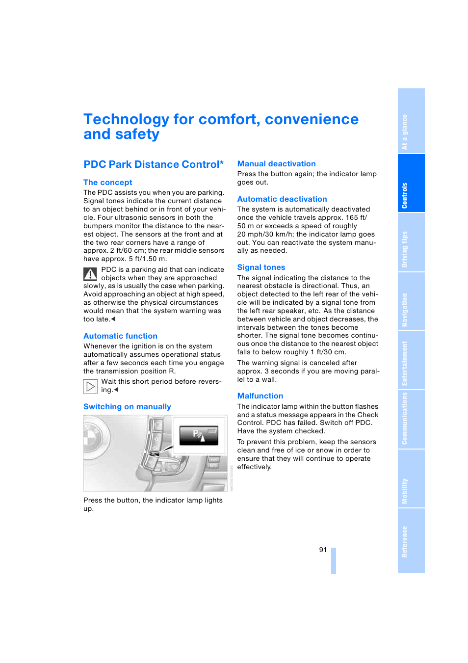 Technology for comfort, convenience and safety, Pdc park distance control | BMW 745i Sedan 2005 User Manual | Page 93 / 239