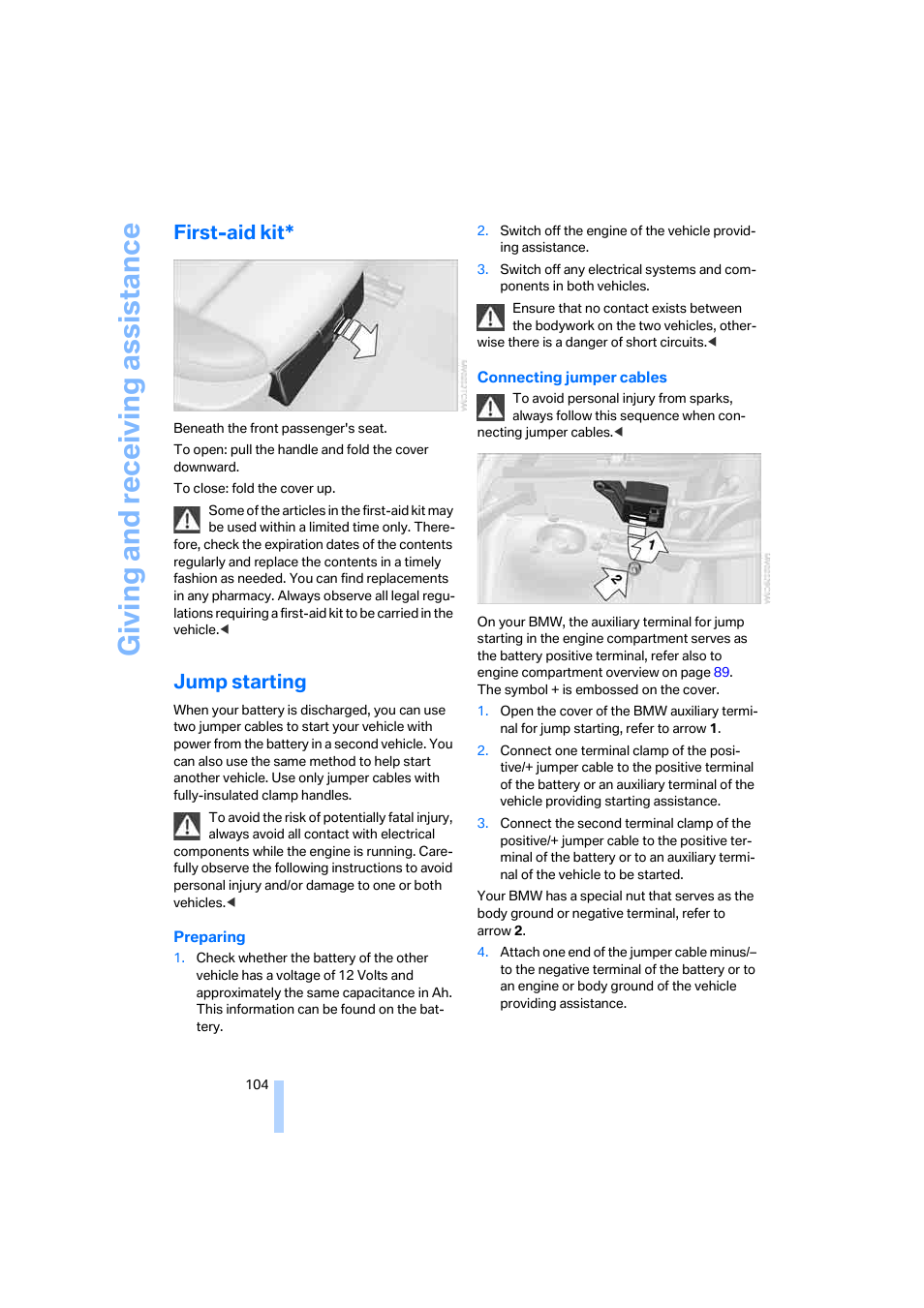 First-aid kit, Jump starting, Giving and receiv ing as sistance | BMW X3 2.5i SAV 2005 User Manual | Page 105 / 126