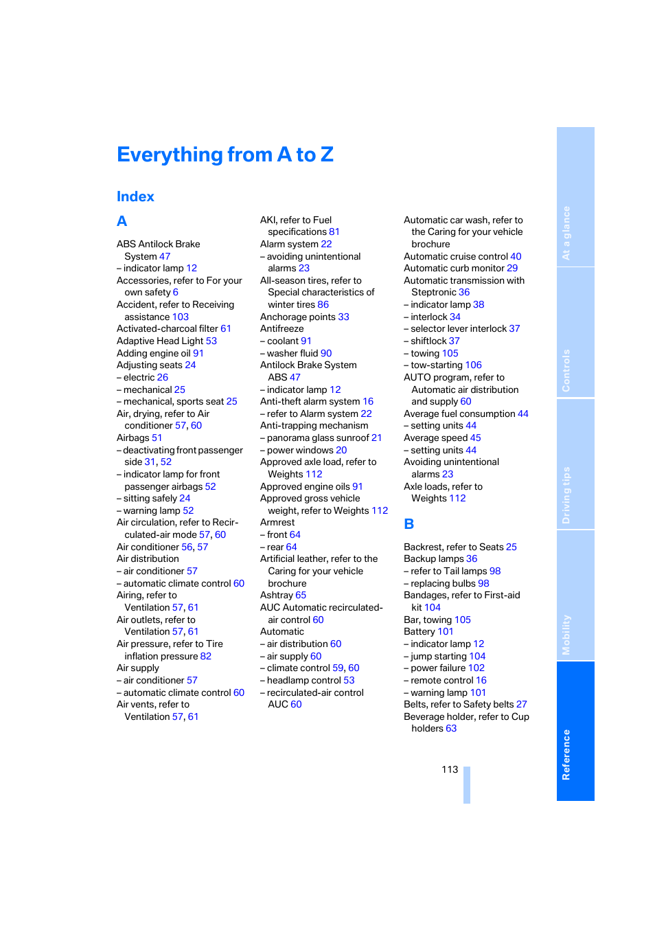 Everything from a to z, Index, Index a | BMW X3 2.5i SAV 2005 User Manual | Page 114 / 126