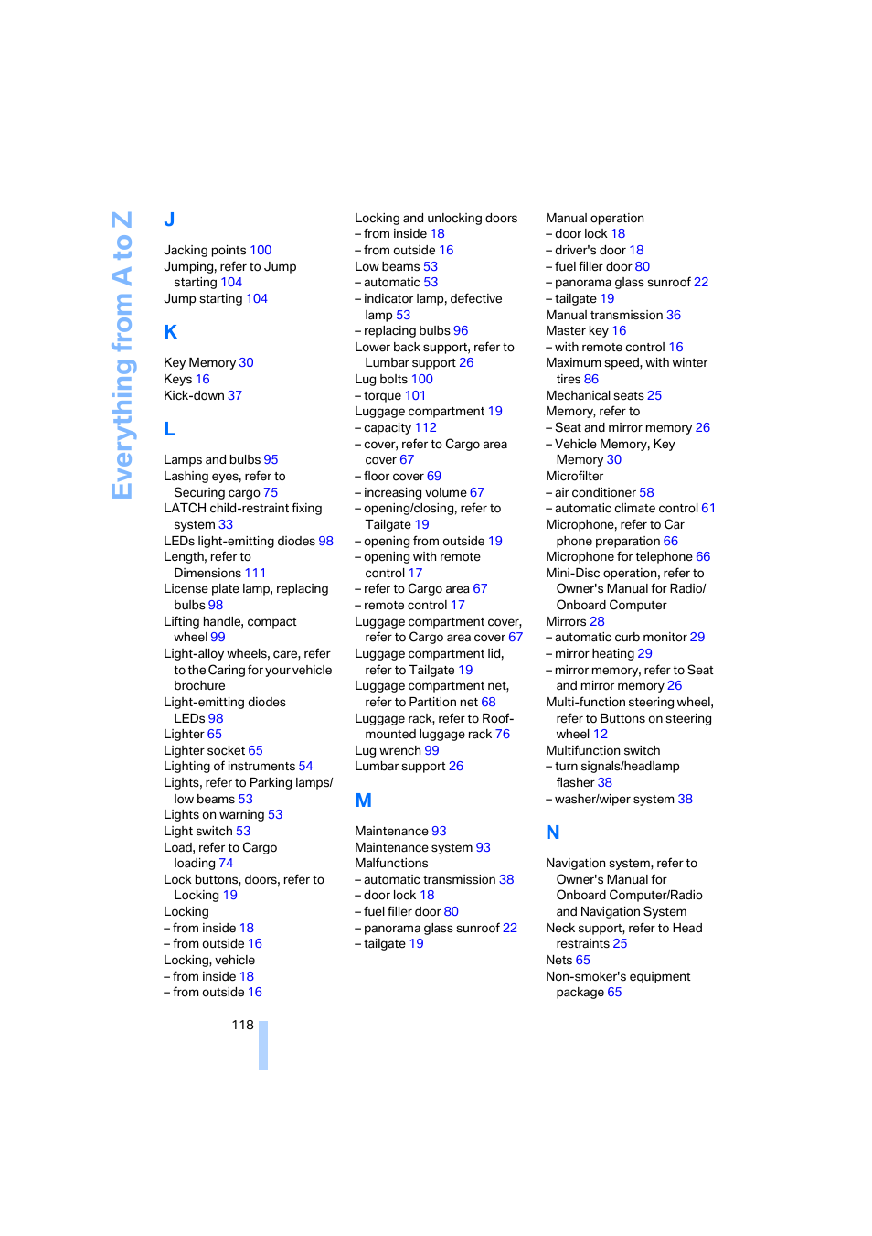 Everything from a to z | BMW X3 2.5i SAV 2005 User Manual | Page 119 / 126