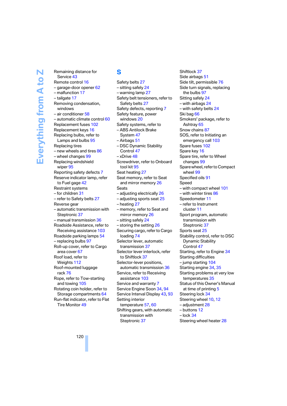 Everything from a to z | BMW X3 2.5i SAV 2005 User Manual | Page 121 / 126