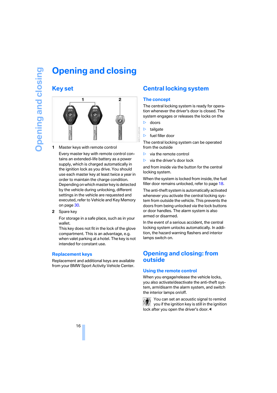 Opening and closing, Key set, Central locking system | Opening and closing: from outside | BMW X3 2.5i SAV 2005 User Manual | Page 17 / 126