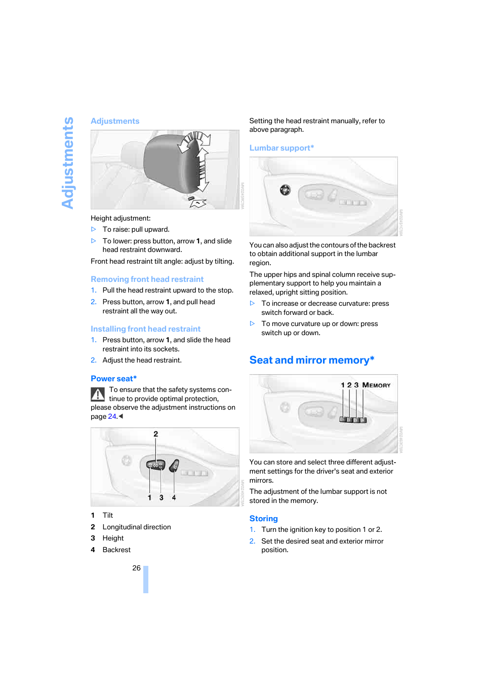 Seat and mirror memory, Adju stmen ts | BMW X3 2.5i SAV 2005 User Manual | Page 27 / 126