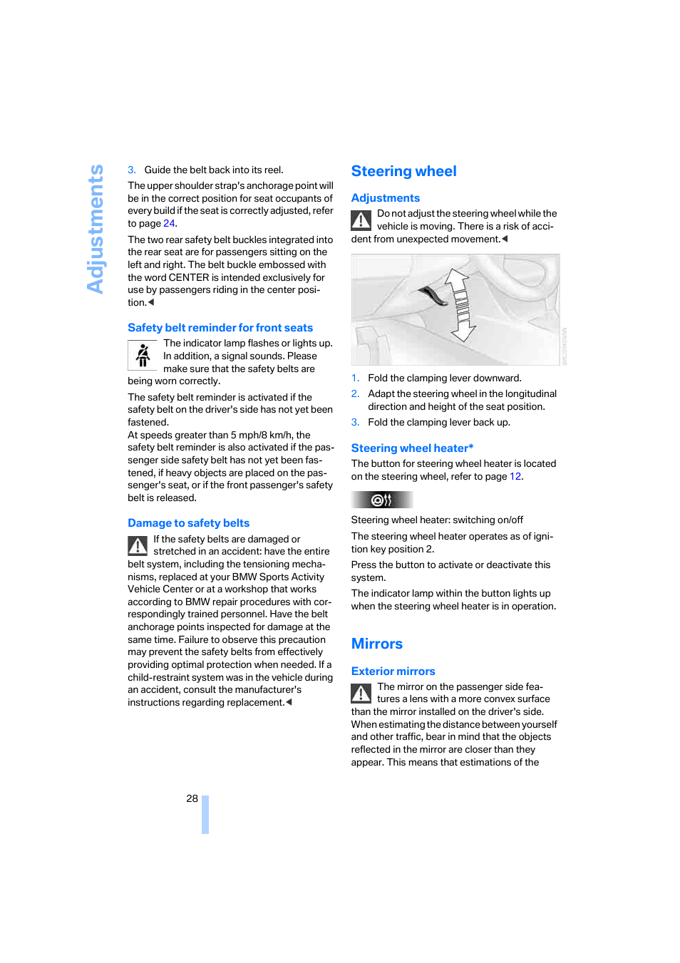 Steering wheel, Mirrors, Adju stmen ts | BMW X3 2.5i SAV 2005 User Manual | Page 29 / 126