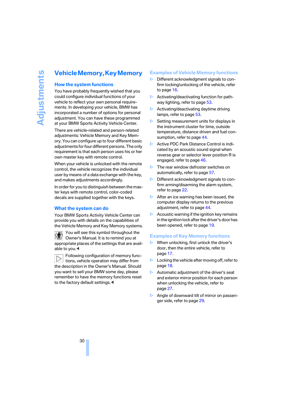 Vehicle memory, key memory, Adju stmen ts | BMW X3 2.5i SAV 2005 User Manual | Page 31 / 126