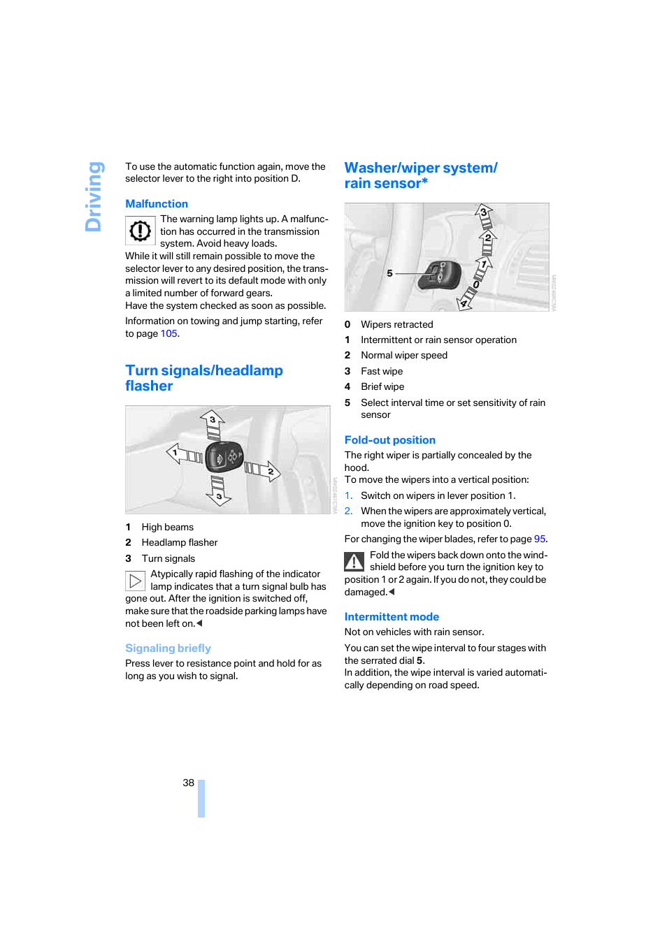 Turn signals/headlamp flasher, Washer/wiper system/ rain sensor, Gnals | Driving | BMW X3 2.5i SAV 2005 User Manual | Page 39 / 126