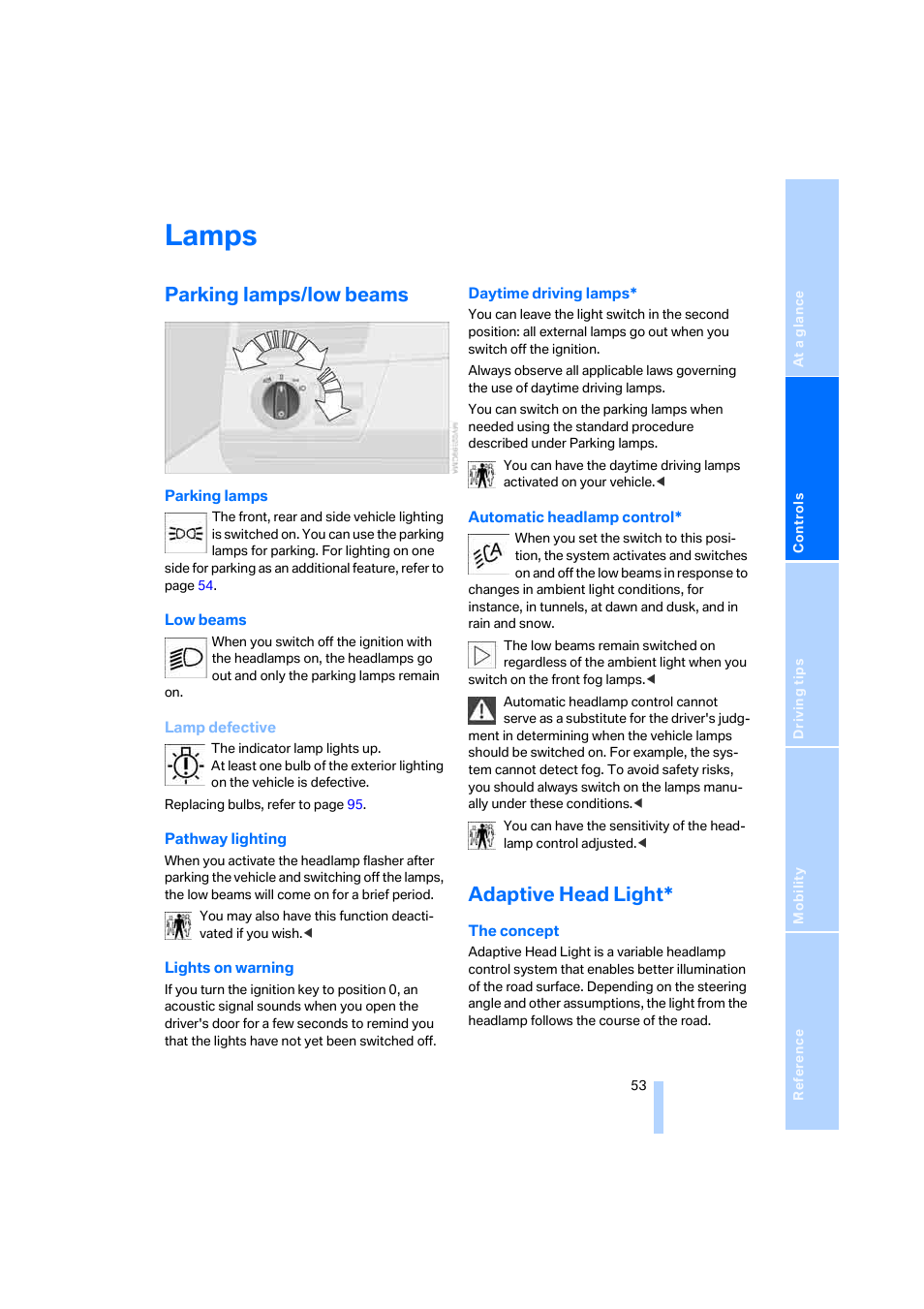Lamps, Parking lamps/low beams, Adaptive head light | BMW X3 2.5i SAV 2005 User Manual | Page 54 / 126