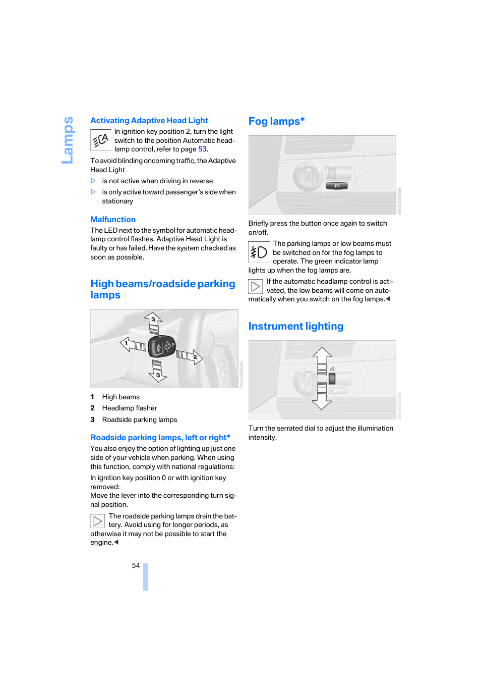 High beams/roadside parking lamps, Fog lamps, Instrument lighting | Lamps, La mp s | BMW X3 2.5i SAV 2005 User Manual | Page 55 / 126