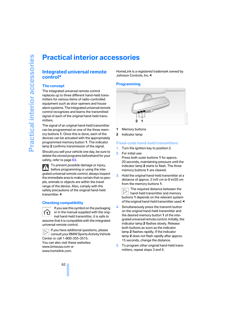 Practical interior accessories, Integrated universal remote control, Practical interi or acc ess orie s | BMW X3 2.5i SAV 2005 User Manual | Page 63 / 126