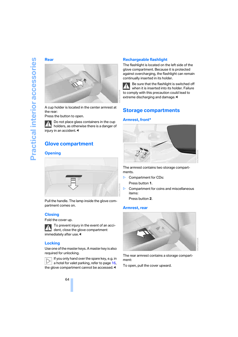 Glove compartment, Storage compartments, Practical interi or acc ess orie s | BMW X3 2.5i SAV 2005 User Manual | Page 65 / 126