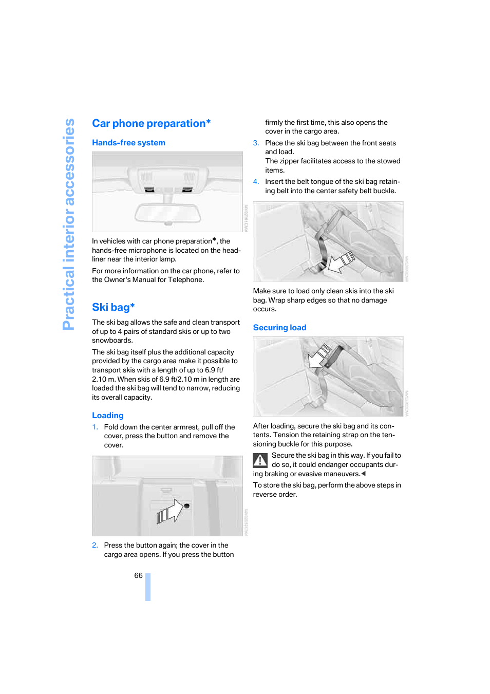 Car phone preparation, Ski bag, Practical interi or acc ess orie s | BMW X3 2.5i SAV 2005 User Manual | Page 67 / 126