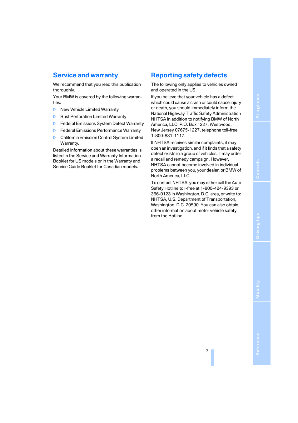 Service and warranty, Reporting safety defects | BMW X3 2.5i SAV 2005 User Manual | Page 8 / 126