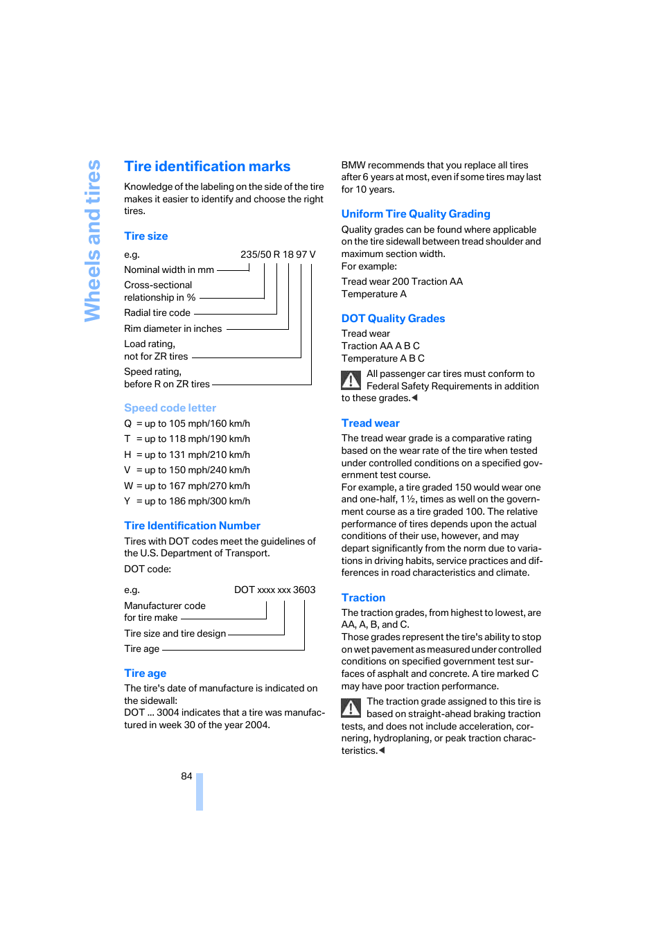 Tire identification marks, Wh eels and tire s | BMW X3 2.5i SAV 2005 User Manual | Page 85 / 126