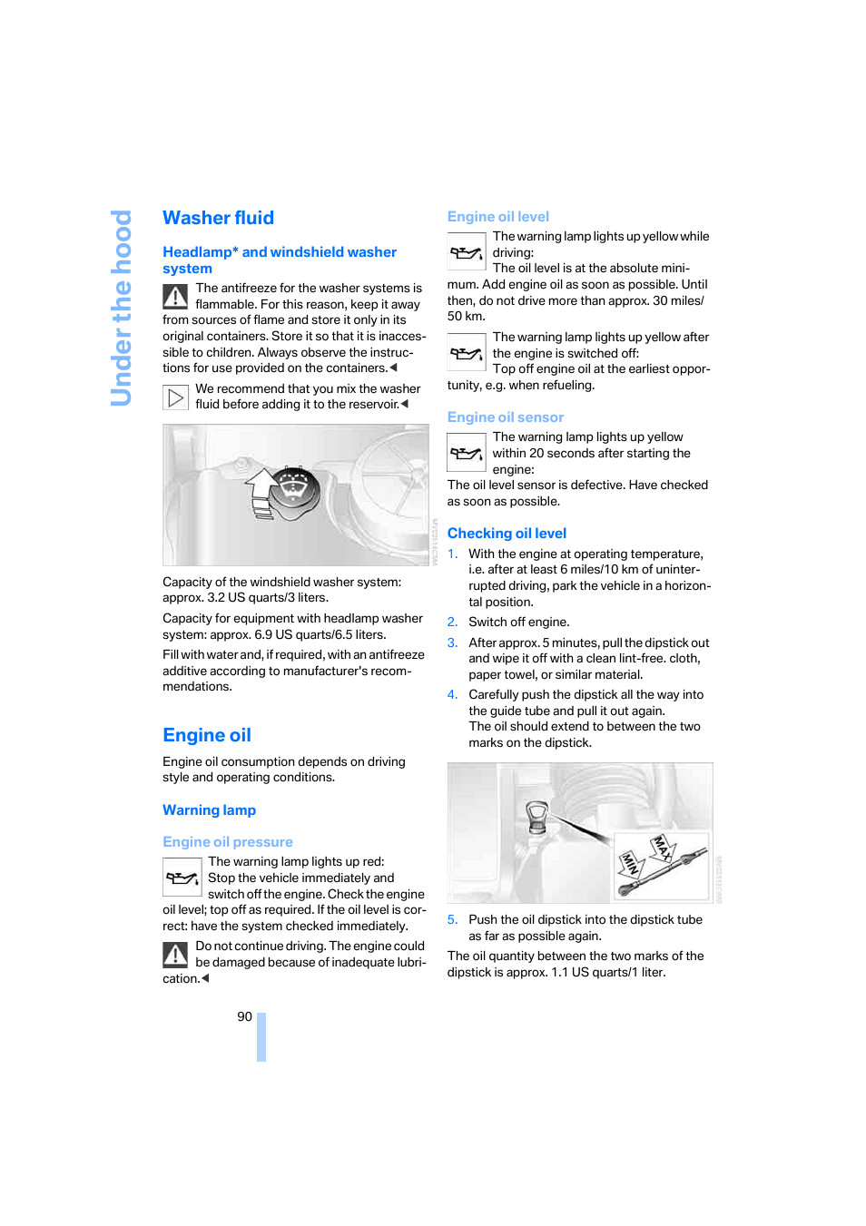 Washer fluid, Engine oil | BMW X3 2.5i SAV 2005 User Manual | Page 91 / 126