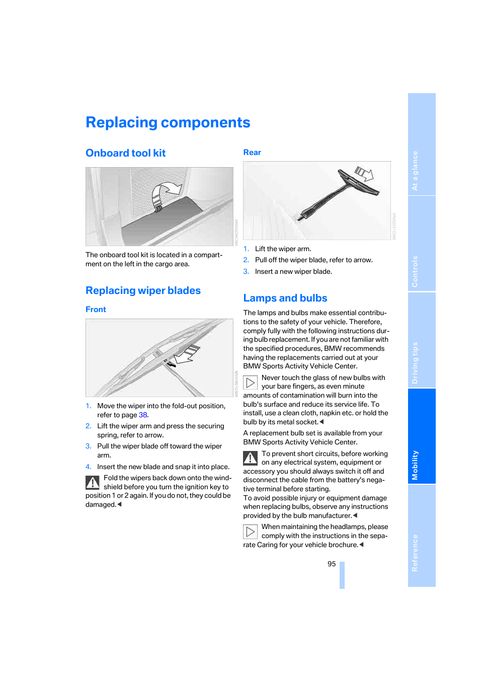 Replacing components, Onboard tool kit, Replacing wiper blades | Lamps and bulbs | BMW X3 2.5i SAV 2005 User Manual | Page 96 / 126