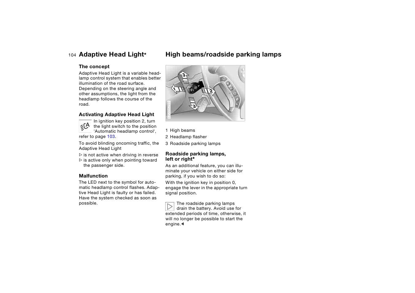 Adaptive head light, High beams/roadside parking lamps, High beams/roadside parking | Lamps | BMW X5 3.0i SAV 2005 User Manual | Page 104 / 200