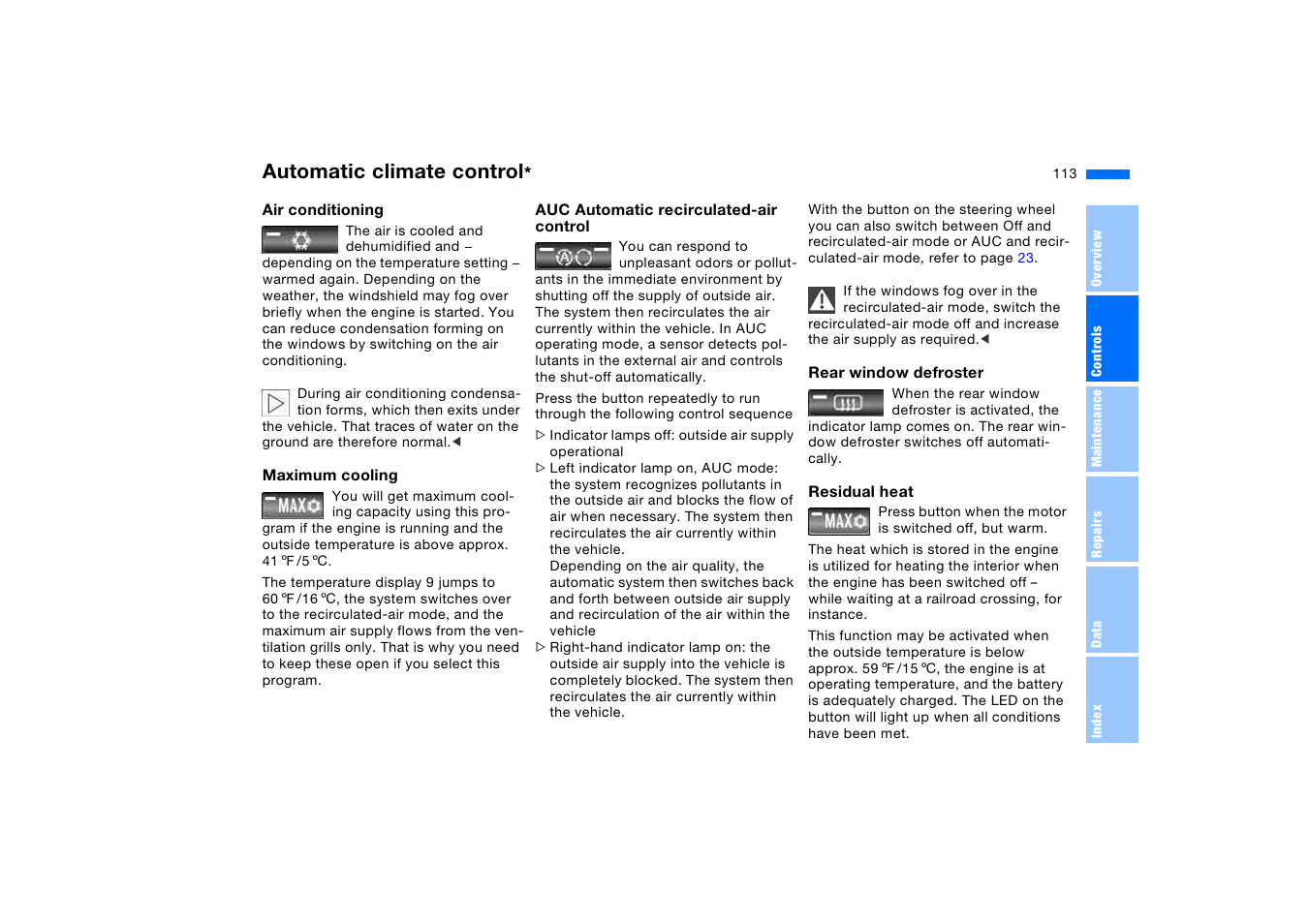 Automatic climate control | BMW X5 3.0i SAV 2005 User Manual | Page 113 / 200