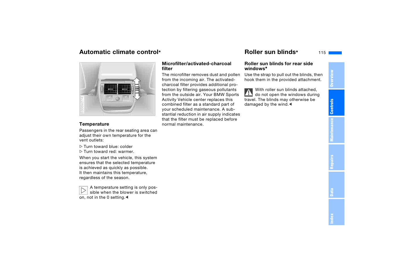 Roller sun blinds, Automatic climate control | BMW X5 3.0i SAV 2005 User Manual | Page 115 / 200