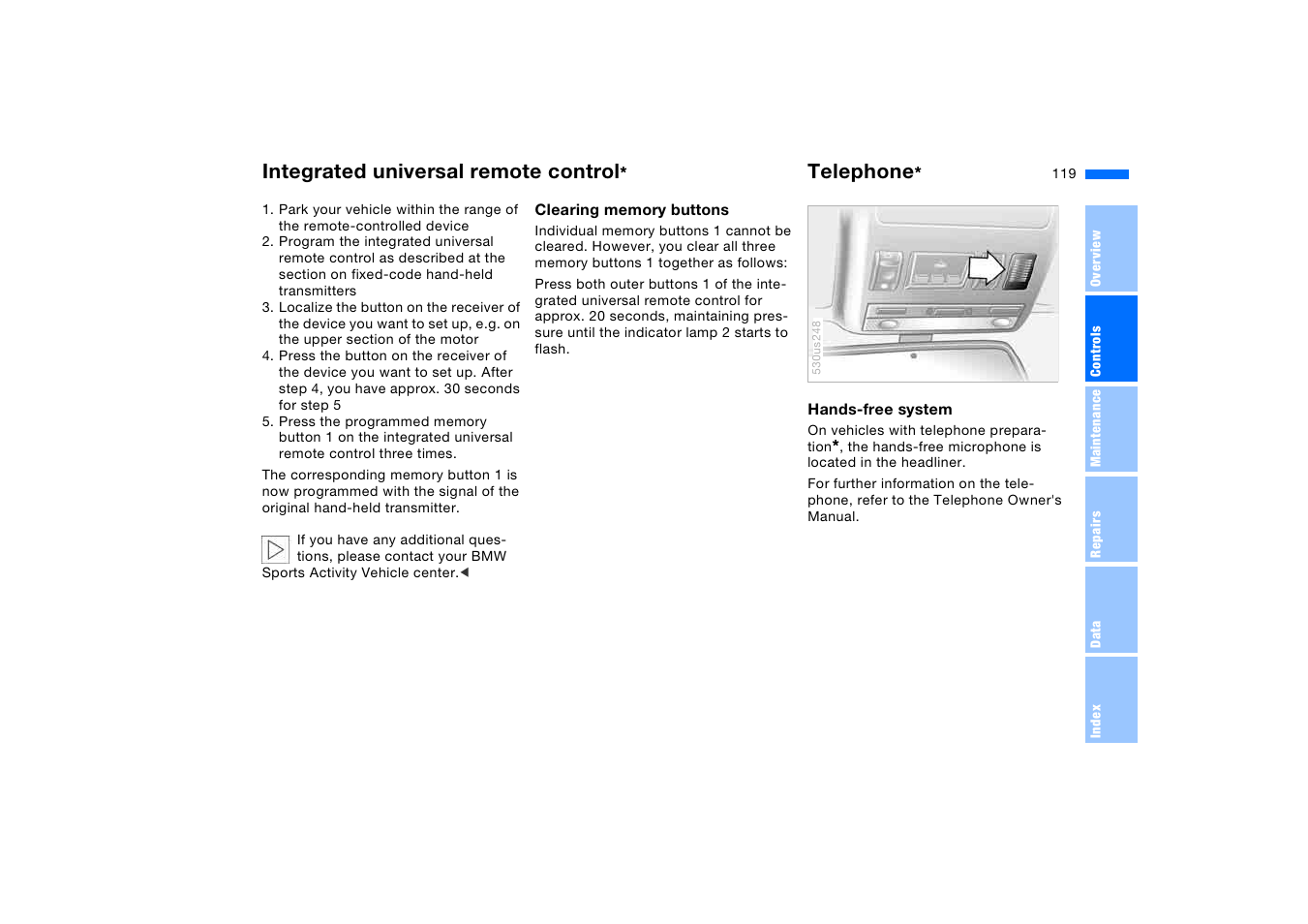 Telephone, Integrated universal remote control | BMW X5 3.0i SAV 2005 User Manual | Page 119 / 200