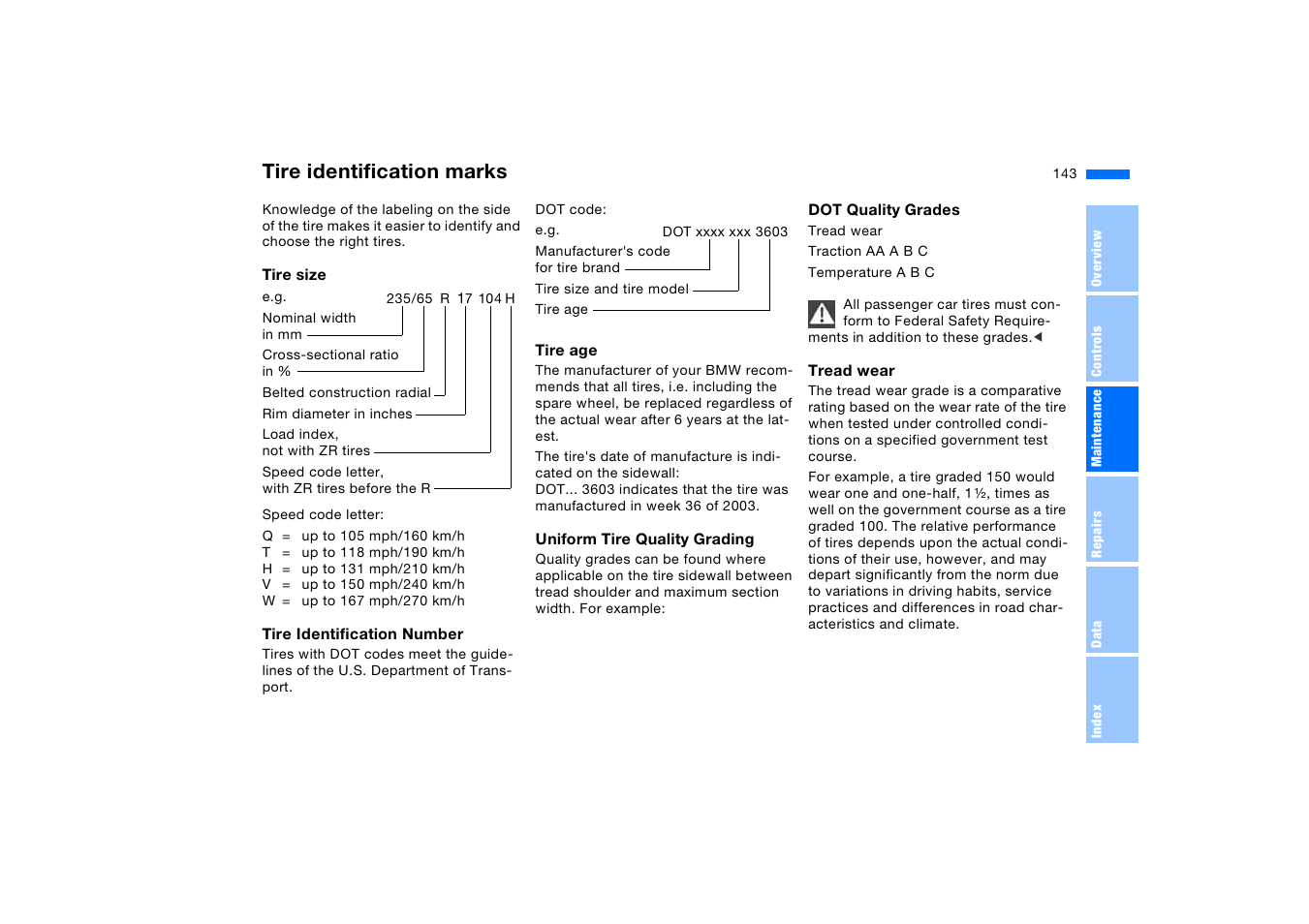 Tire identification marks | BMW X5 3.0i SAV 2005 User Manual | Page 143 / 200